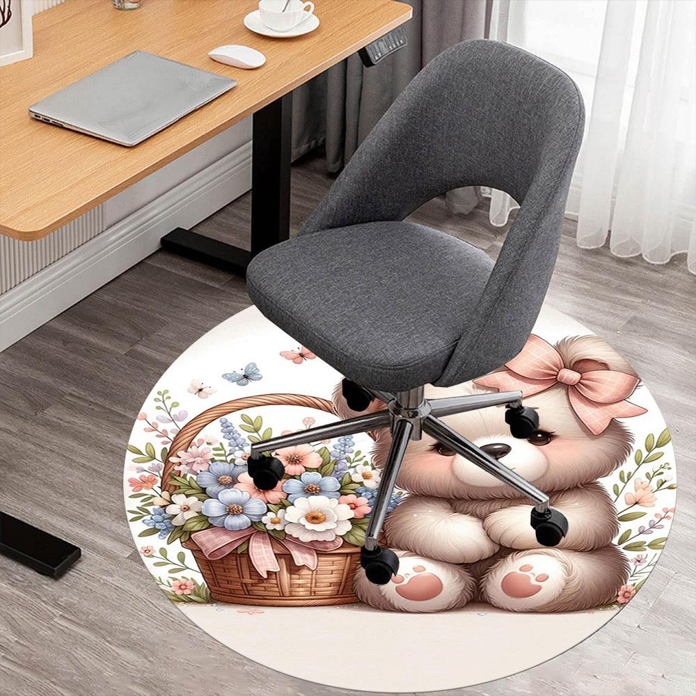 1PC Teddy bear Basket of flowers Bow Round Chair mat Area Rug - Non-Slip, Floor Mat for Office, Bedroom, home decor Christmas Gift c0528052