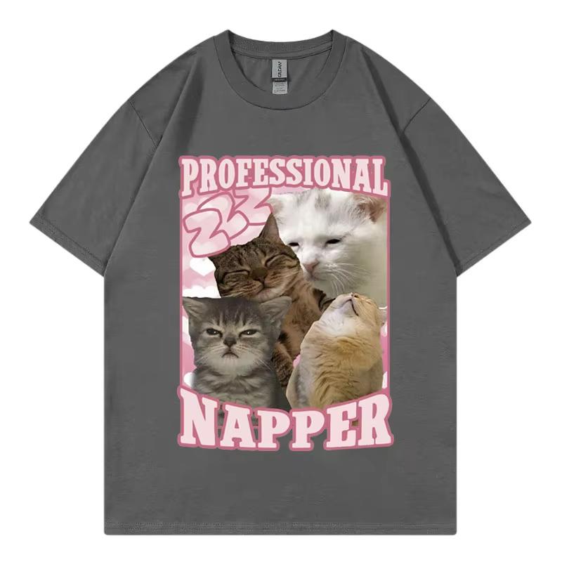 2026 Summer Cotton Tee Cute Sleeping Cats Meme Graphic Unisex WOMEN Plus Size Loose Casual Hip Hop Streetwear Breathable Top