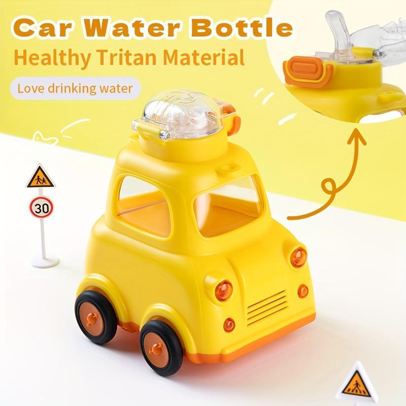 600ml Car Shaped Water Bottle with Straw Carry Handle BPA Free Tritan Material, Locking Lid, Spill Proof Design Cute Yellow Vehicle for Kids, Toddlers