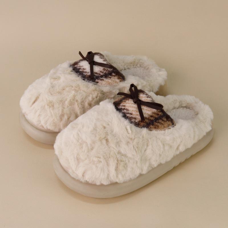 New autumn and winter cotton slippers cotton-filled wool splicing plaid belt bow non-slip warm cotton slippers