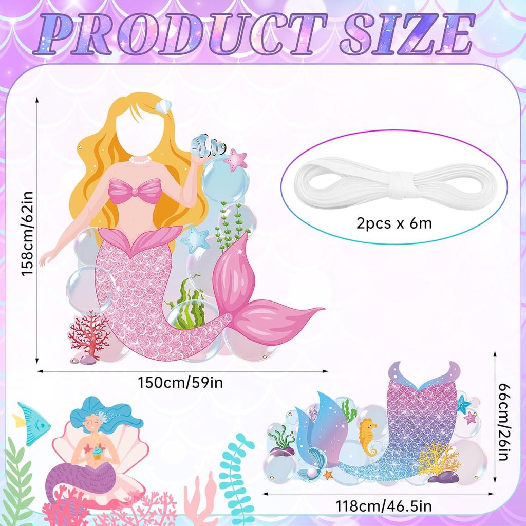 2Pcs Mermaid Birthday Decorations for Girls Mermaid Tail Photo Banner Backdrop Photo Props Under The Sea Birthday Photo Decor Pink Ocean Theme Party