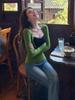 Chic Lace Splice V-Neck Slim Fit Long-Sleeve Two-Piece Top for Early Spring