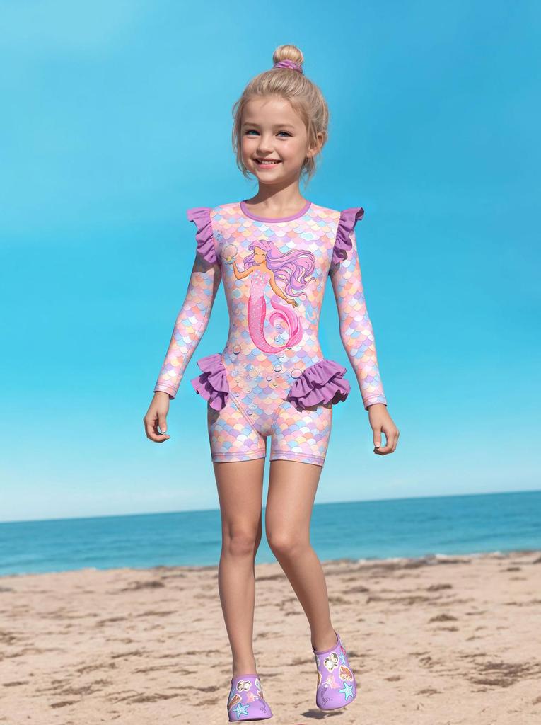 Costume da bagno intero a maniche lunghe con volant per bambina, con slip, certificato CPC per bambini