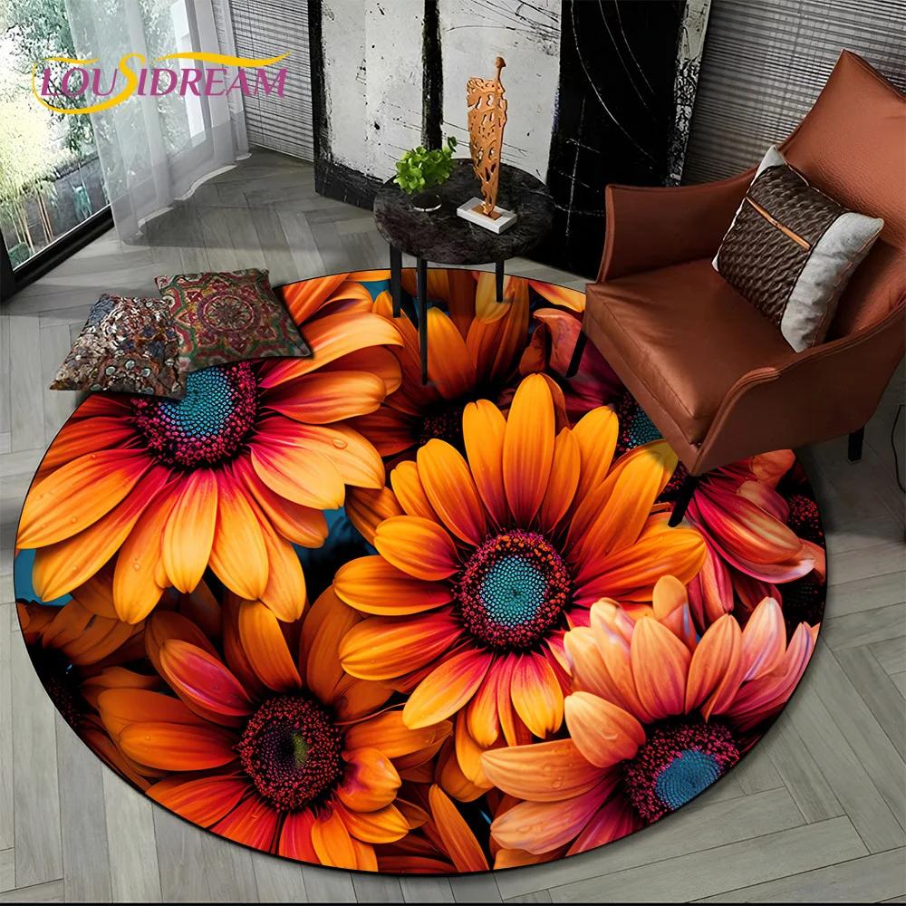 Covor rotund 3D Lux Floarea Soarelui Trandafir Nordic Margaretă pentru Decor Sofă Living Dormitor, Covor Zonă Copii Covoraș de Podea Antiderapant Cadou