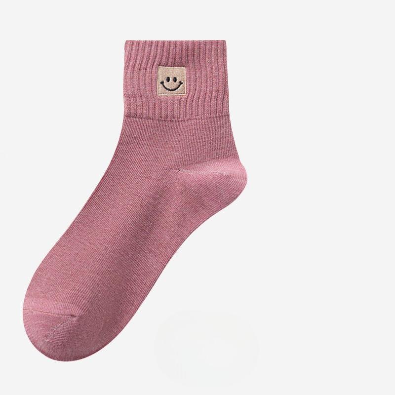 Female Spring and Summer Simple Embroidery Smiling Face All Build In The Tube Cotton Socks