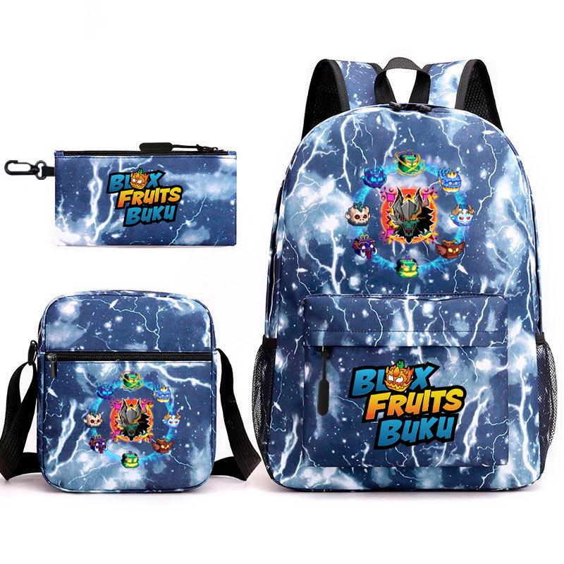 Mochila Escolar para Adolescentes Jogo Blox Fruits Fruta do Demônio Escola Primária Estrela Pintura Térmica Conjunto de 3 peças