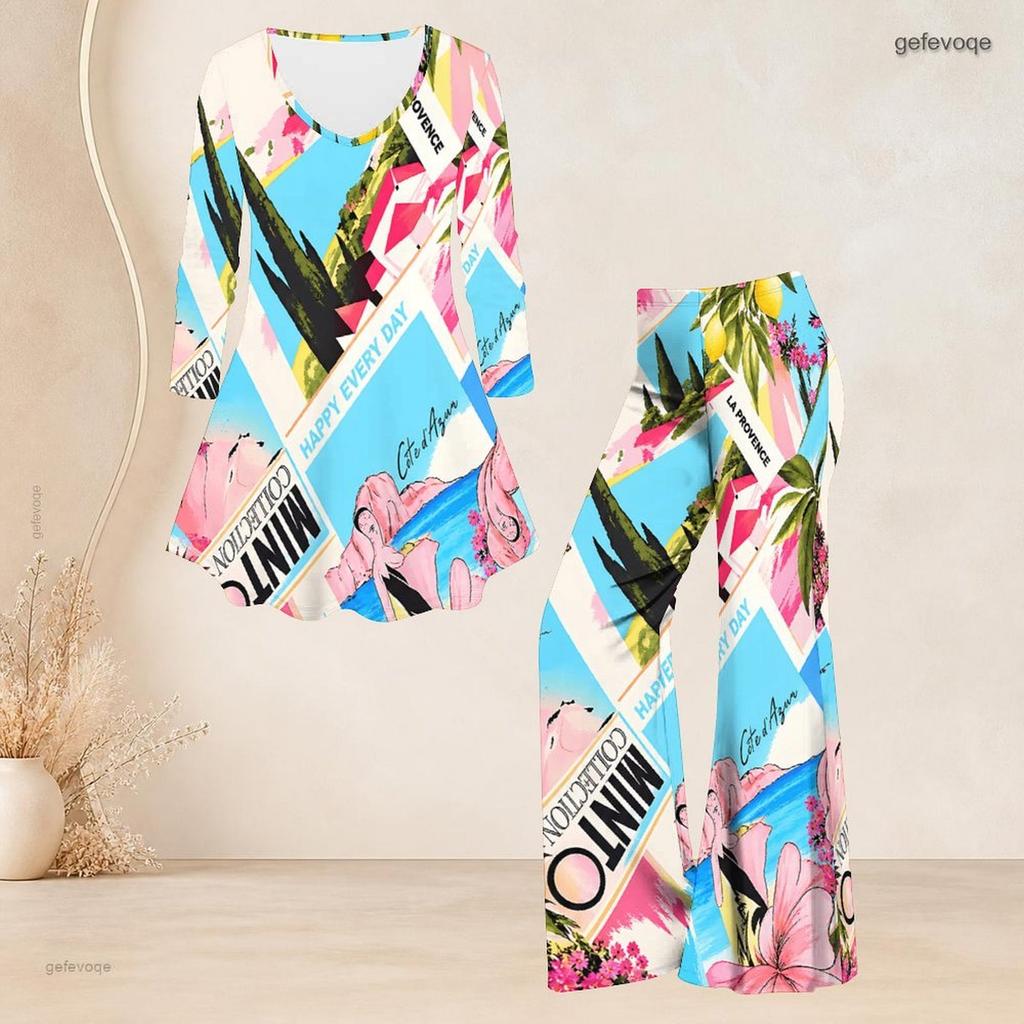 Women Plus Size V Neck Three Quarter Sleeve Blue Pink White Printed Flared Top And Flared Pants Two Piece Set