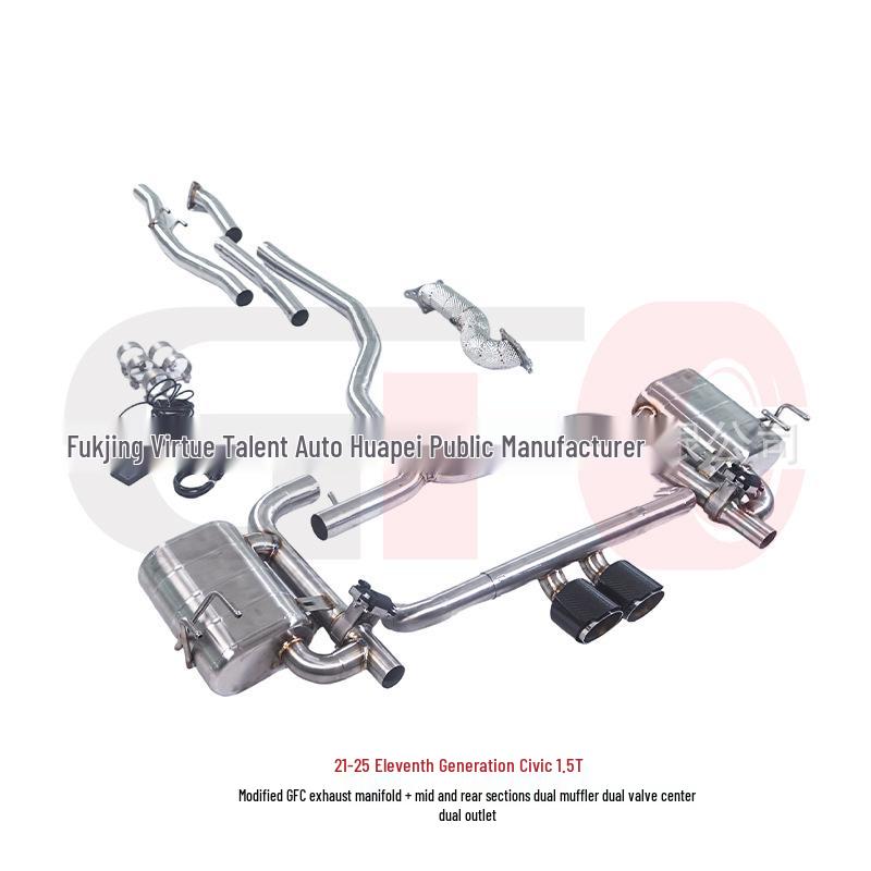 Carbon Fiber Dual-Valve Tailpipe for 11th Gen Civic 1.5T – Front, Mid, and Rear Sections with Dual-Pipe, Double-Outlet Design