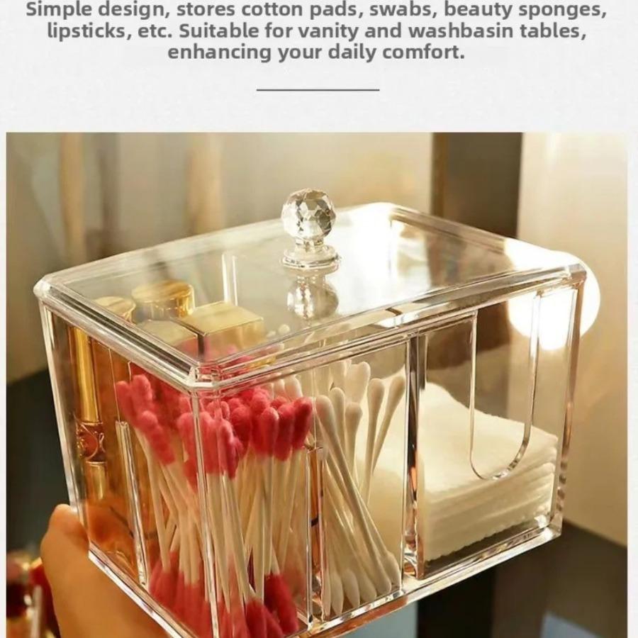 Portable Two-In-One Swab Storage Box Transparent Dustproof with Lid Desktop Makeup Sealed Drawer Style Organizer Only Box)