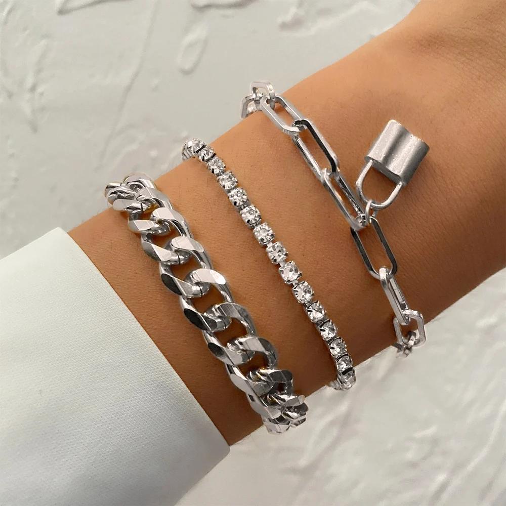 3PCS Fashion Thick Chain Link Bracelets for Women Vintage Snake Chain Gold Color Silver Color Bangles Bracelets Set Punk Jewelry
