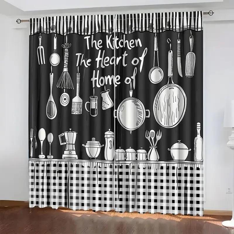 2pcs Kitchen Utensils Print Curtain   Polyester Fabric   Kitchen Window Decor   Home Decor   Rod Pocket Curtain