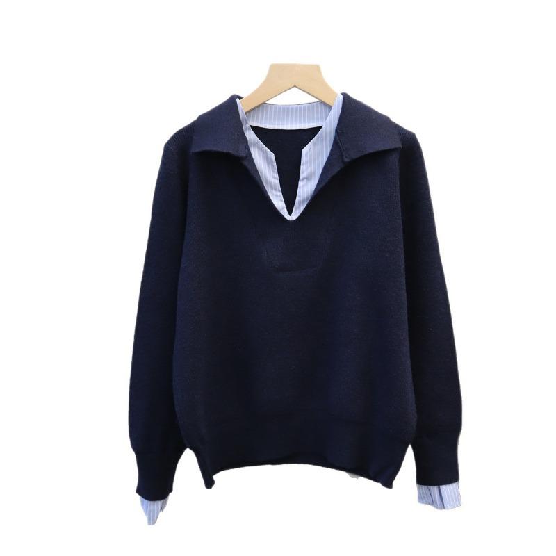Autumn and winter new splicing contrasting color fake two-piece knitted sweater top loose design sweater pullover woman