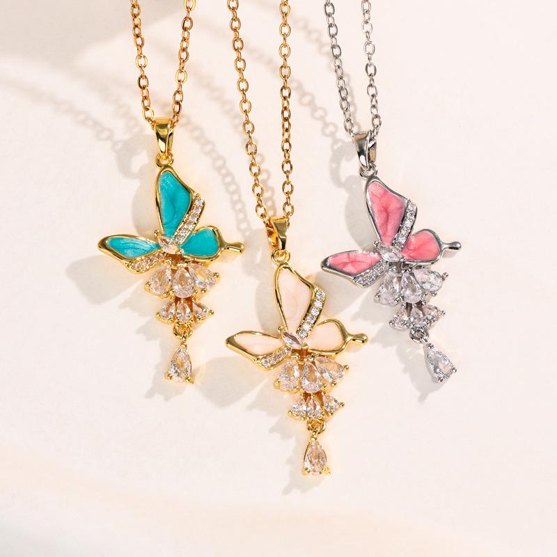 Sweet Temperament Butterfly Pendant Clavicle Necklace - Micro-inlaid Color Drip Oil, New Fashion for Women