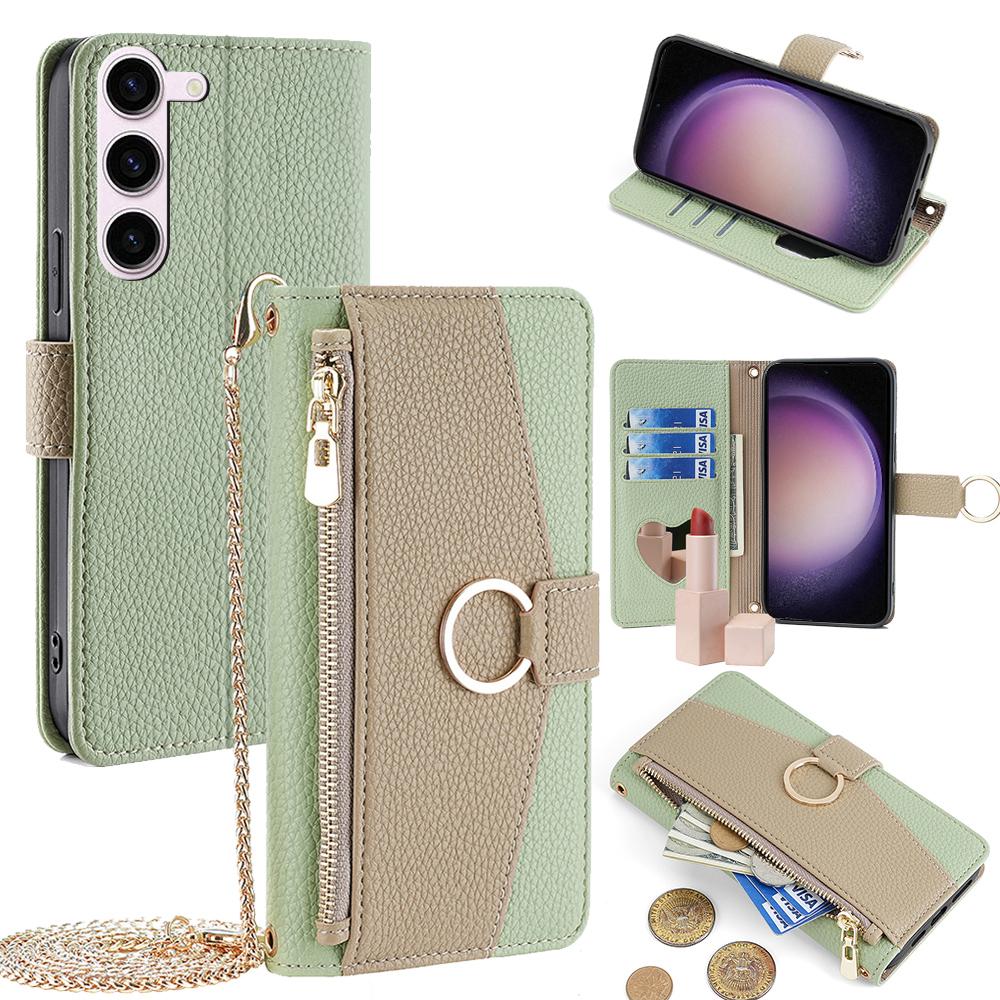 Leather Ring Holder Phone Case for Samsung S25 Ultra S24 FE S23 S22 Plus A16 A26 A56 Crossbody Wallet Flip Mirror Cover Lanyard
