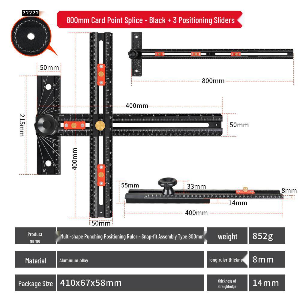 Multi-Shape Splicable Hole Punch Ruler: Automatic Click Point Multi-Functional T-Square for Woodworking