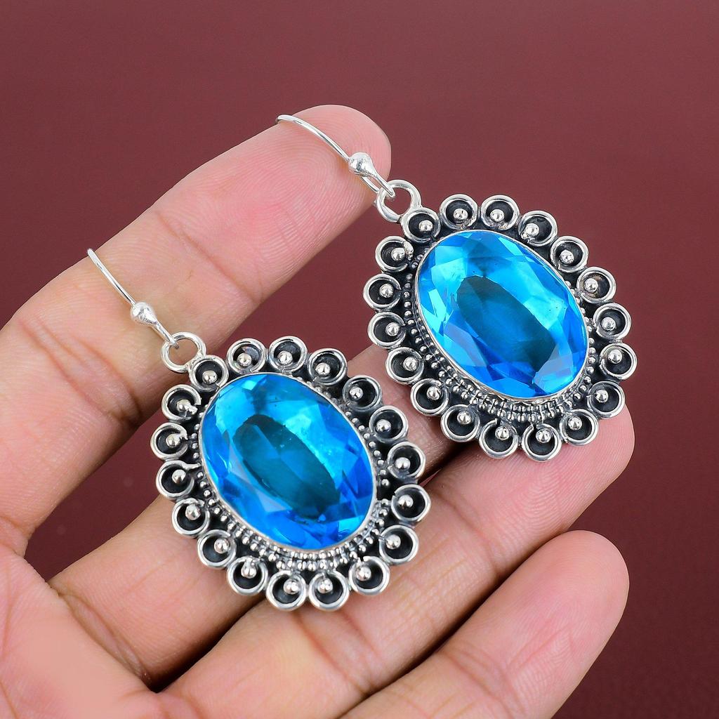 Faceted Swiss Blue Topaz Earring 925 Sterling Silver Earring Decent Jewelry Real Gemstone Earrings Swiss Blue Topaz Jewelry Handmade Earring