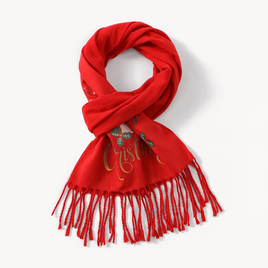Winter Christmas Cute Elk Printed Shwal Cashmere Tassel Warm Scarf For Women Fashion Red Thick Blanket Pashmina Wrap 183*30Cm