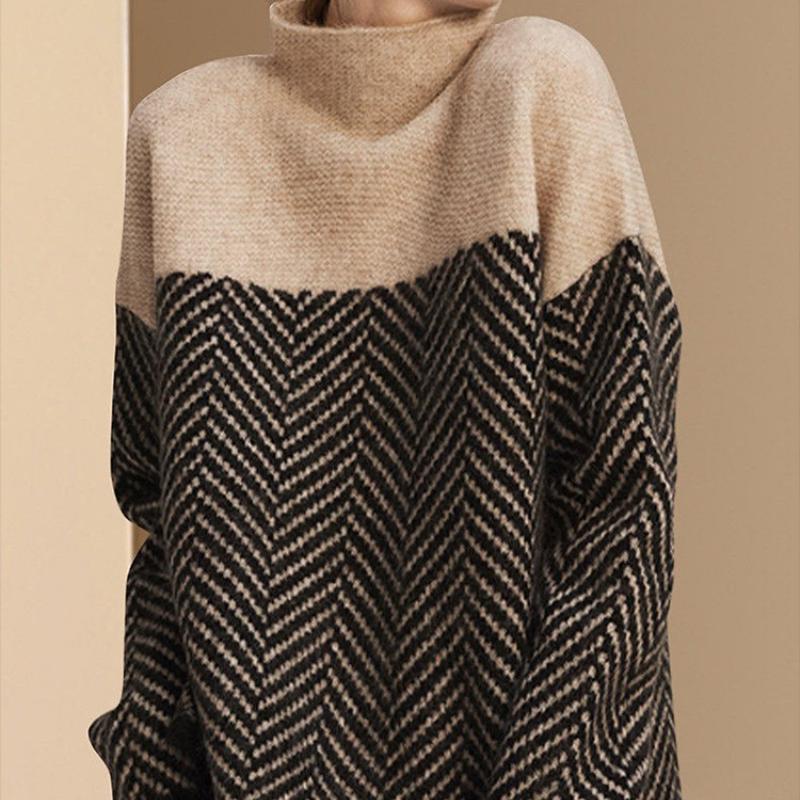Retro Color Block Semi High Neck Knit Sweater Autumn Winter Loose Lazy Style Design Pullover Top