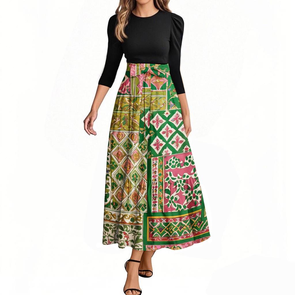 Damskie modne codzienne sukienki z paskiem, z rękawem trzy czwarte, z okrągłym dekoltem, z kwiatowym nadrukiem, eleganckie, z temperamentem