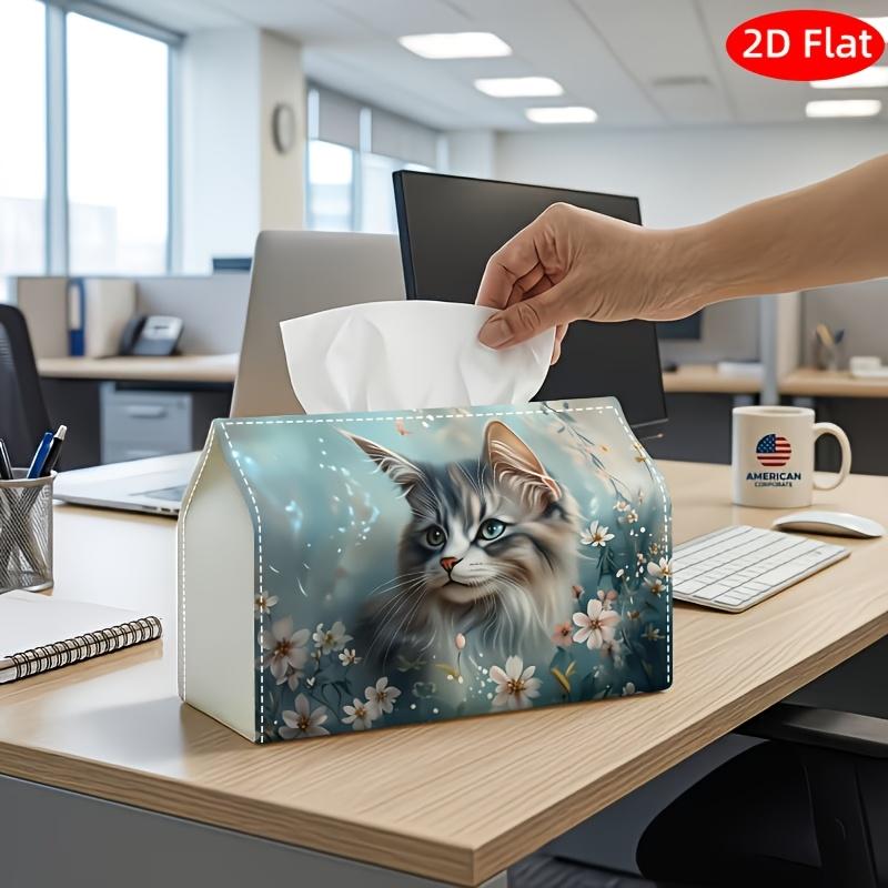 2D Flat, 1pc Tissue Box, Printed On Both Sides, Cute Cat Flower Tissue Box Holder Decorative Napkin Dispenser Compatible with Tissues Rolls Sheets Mul