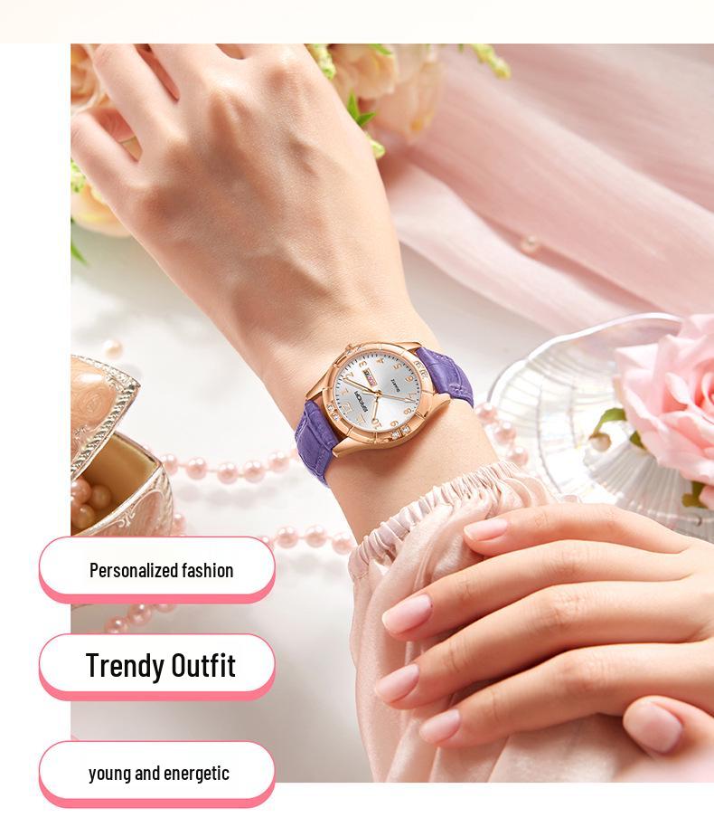 Sanda Women's Korean Style Casual 50M Waterproof Luminous Quartz Watch with Leather Strap and Dual Calendar.