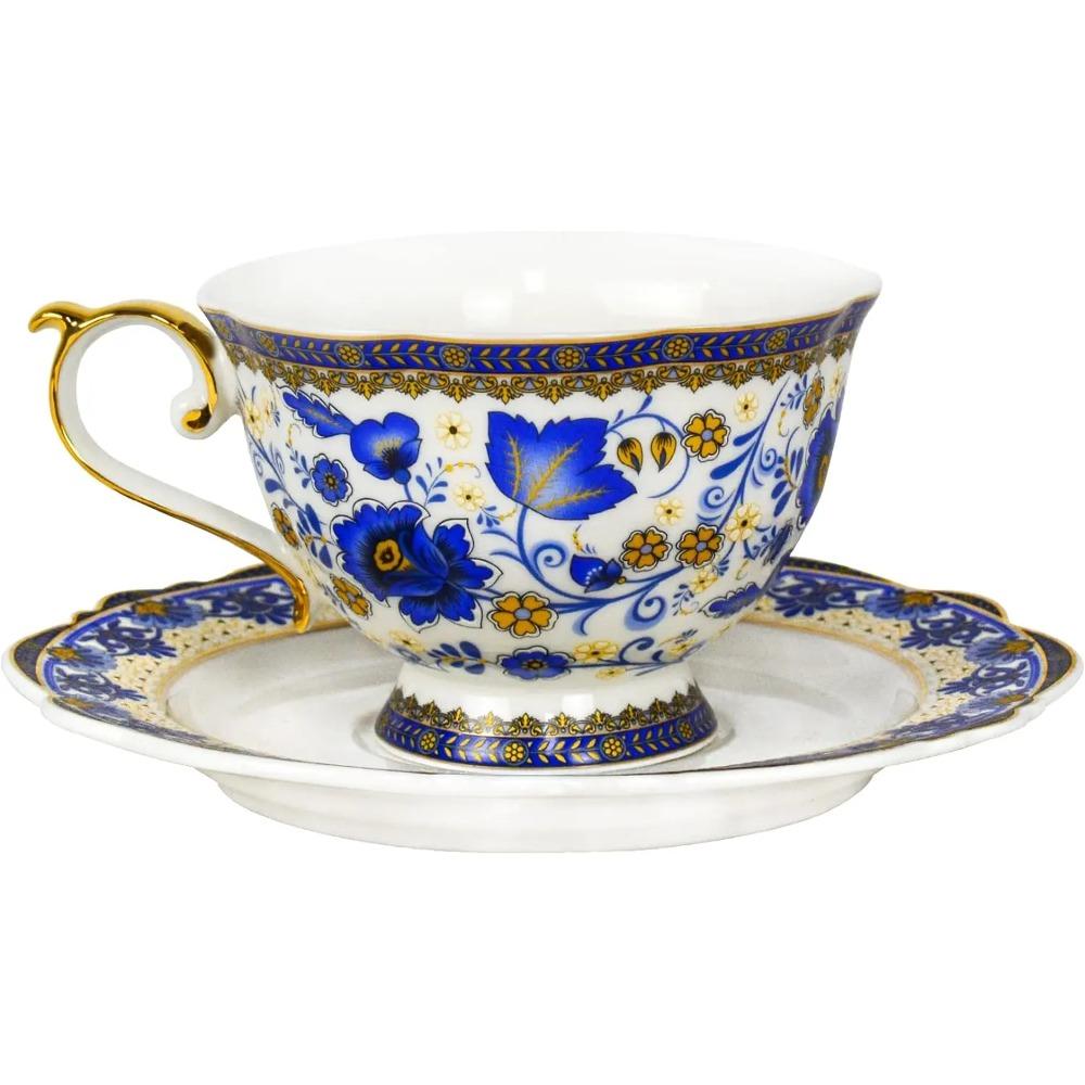 

Чайные чашки и блюдца из костяного фарфора, набор чайных чашек и блюдец 6,8 унции, с золотой отделкой и подарочной коробкой, сине-белый other синий