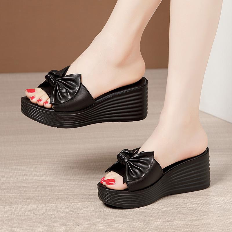 

7cm Plus Size 33-43 Comfortable Sweet Bow Soft Leather Slippers Platform Shoes 2026 Med Heels Wedges Slides for Office Beach Mom 43 чорний