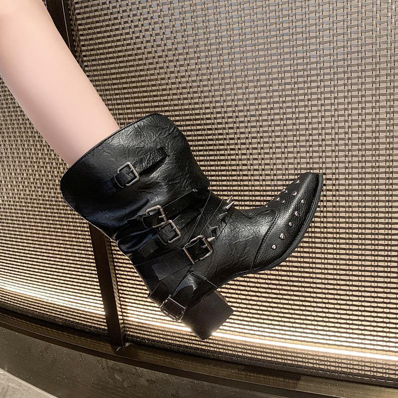 Locomotive boots women's 2025 summer British style pointed head wrinkled thick heel rivet short boots western cowboy boots tooling boots