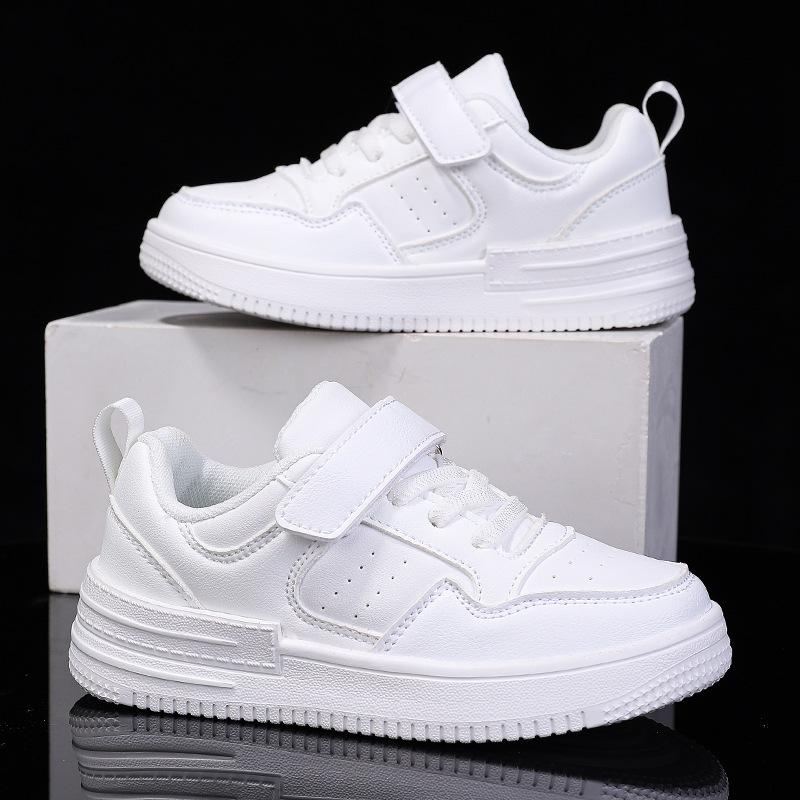 Children's Little White Shoes Middle and Large Children's Autumn and Winter Breathable Mesh Leather Surface Campus White Shoes Primary School Boys and