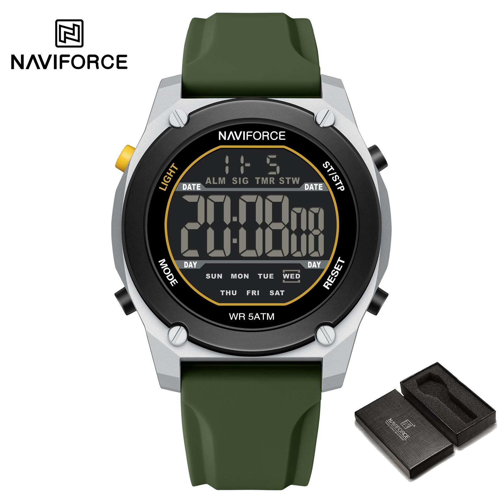Naviforce Оригинальные мужские цифровые часы с ЖК-дисплеем, дата, календарь, секундомер, будильник, силиконовый ремешок, ночной узор, водонепроницаемые мужские часы NF7134 серебряный/зелёный