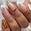 24PCS Luxury Golden 3D Star Ripples Almond Werable False Nails Retro Simple White French Fake Nails High-quality Nails Press On