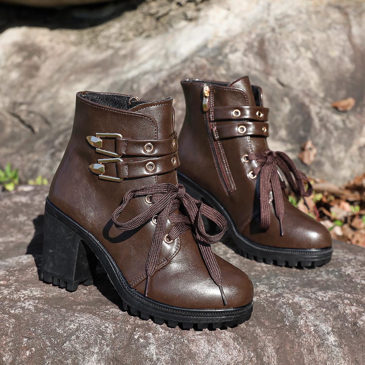 

Мода Весна и Осень 2025 Большой Размер Короткие Ботинки Ботинки Мартин Женские Толстый Каблук Водонепроницаемые На Шнуровке Спереди Боковая Молния Модные Ботинки 42 темно-коричневого