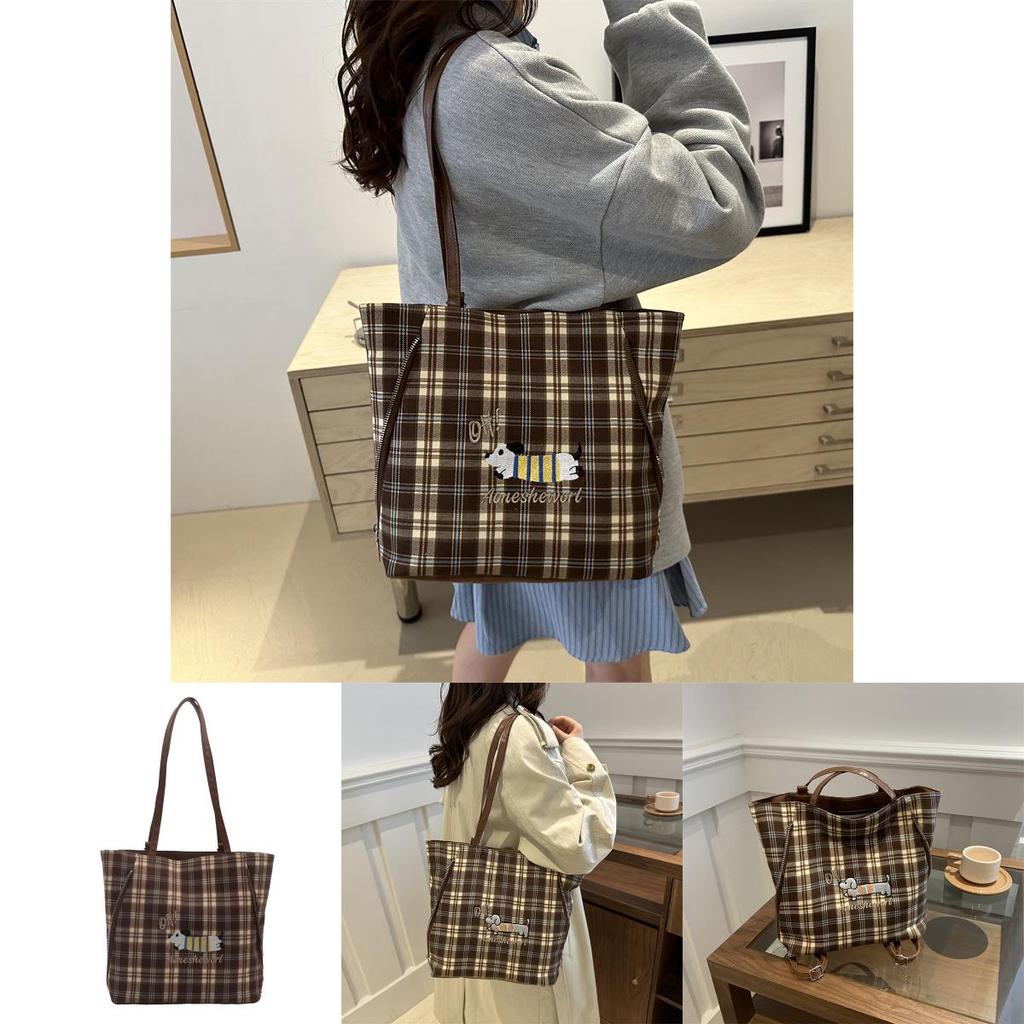 Stylish High-quality Tote Bag For Women In Trendy Plaid Design With Cartoon Dog Print