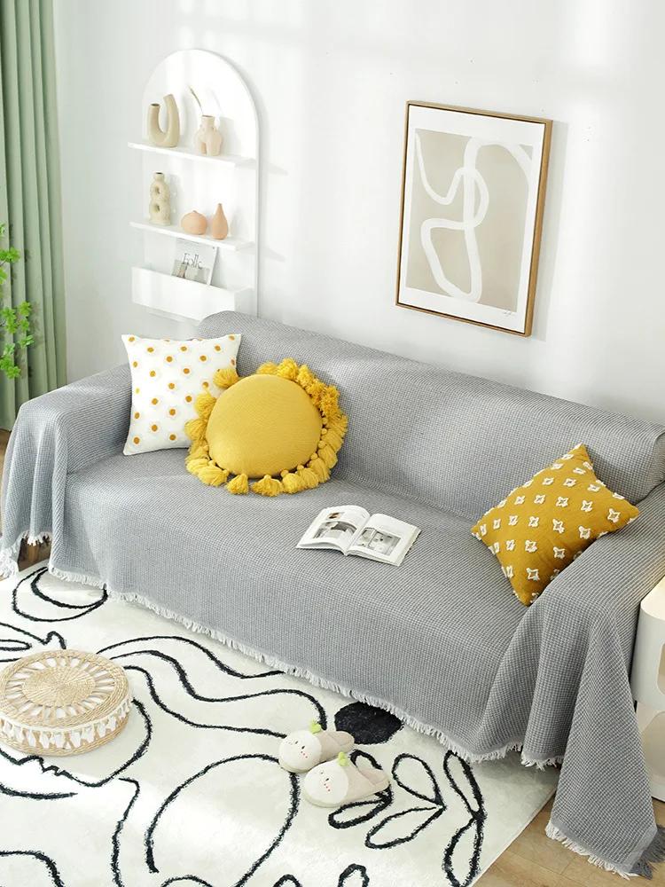 Double Sided Usable Sofa Cover Four Season Universal Anti Slip Fringe Sofa Towel Couch Decoration Minimalist Dust Cover Blankets
