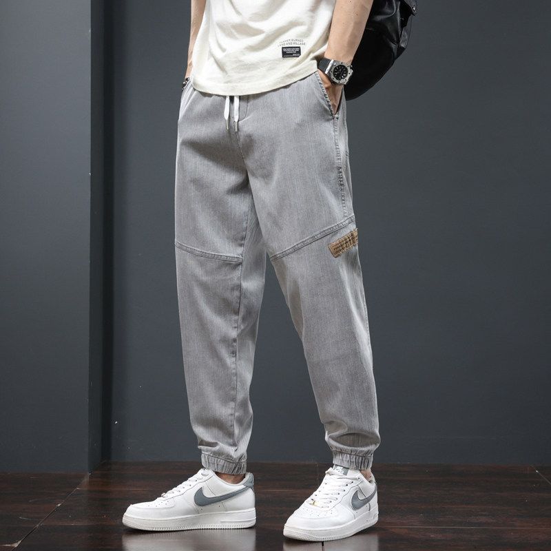 2023 Men's Casual Cropped Jeans with Cut-Off Labels, Spring/Summer/Autumn Jogger Harem Workwear Drawstring Long Pants