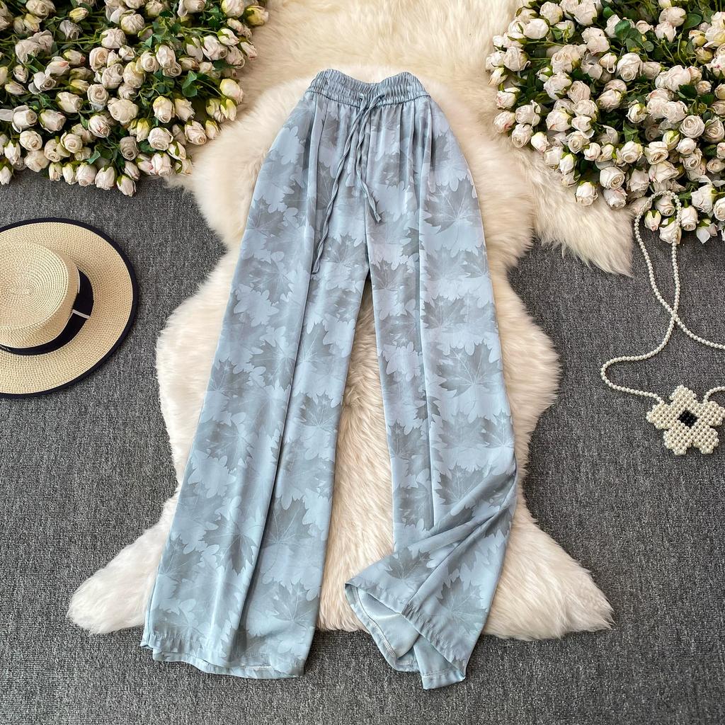 High Quality Ink-wash Acetate Satin Tie-Dye Rayon Wide-Leg Pants for Women Summer High-Waisted Slimming Loose-Fit Trousers