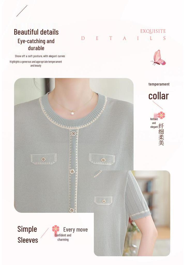 Mom's French Style Ice Silk Knit Top, Short Sleeve, Versatile & Stylish T-shirt for Middle-Aged Women, New Summer Fashion.