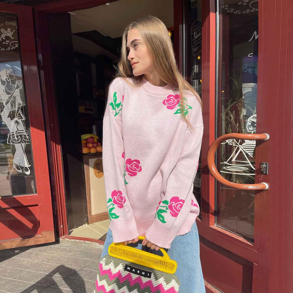 Autumn Winter Rose Print Sweater Women's Round Neck Loose Pullover Versatile Daily Comfortable Knitted Undercoat Top