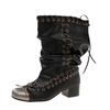Square Head Strap Bow Pleated Fashion Boots Retro Big Tube Circumference Thick Heel Short Boots Punk Style Pile Medium Tube Boots Women