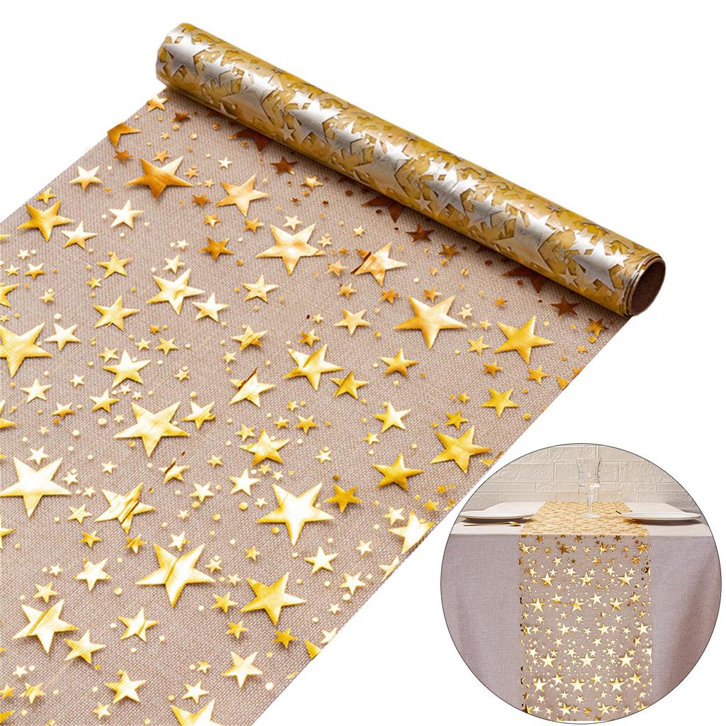 Star Themed Table Runner Polyester Gold Foil Detailing Suitable for Banquets Wedding Anniversary Decoration 5M Length