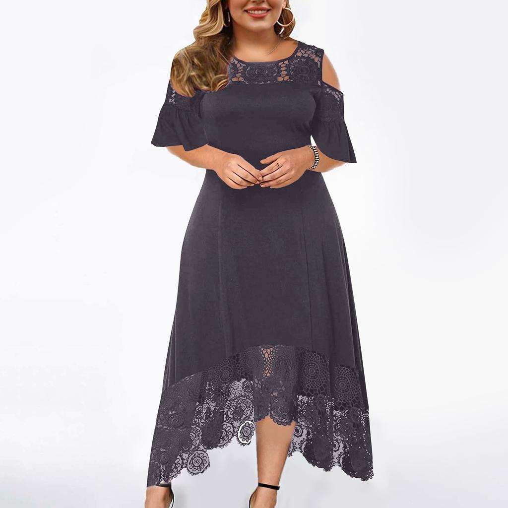 Fashion Womens Lace Stitching Ruffle Short-Sleeved Strapless Sheath Dress