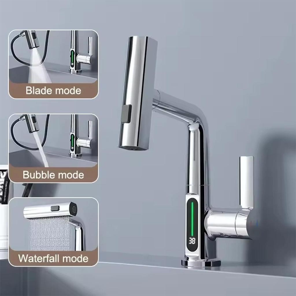 Cascade Dorée Température Affichage Numérique Robinet de Bassin d'Eau Chaud/Froid Mélangeur d'Évier Robinet de Salle de Bain/Cuisine Robinet Extensible