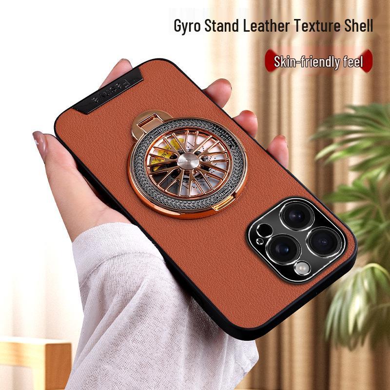 17ProMax Leather Decompression Gyro Stand Case - Drop-Proof Protective iPhone 14/15 Cover