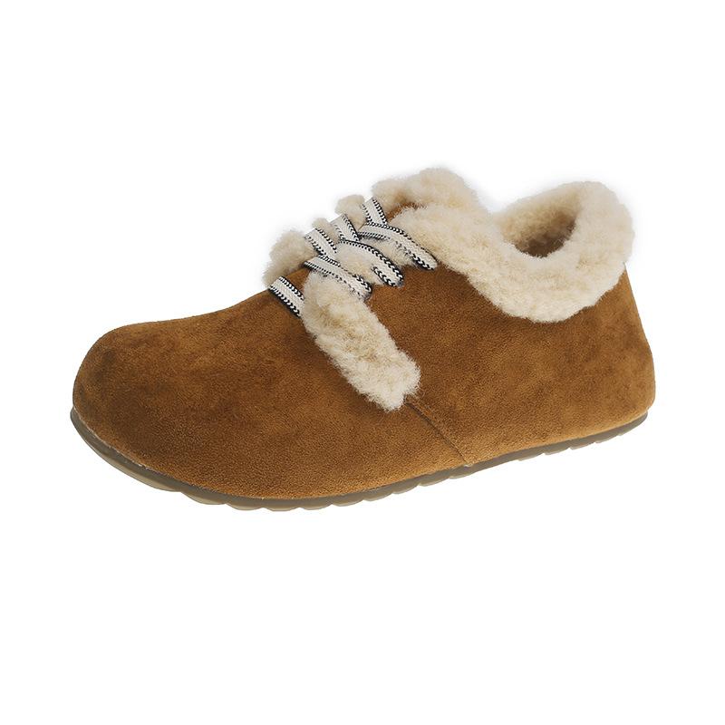 Fleece Warm Cotton Shoes 2024 Autumn and Winter Retro Round Head Lace-up Versatile Flat Bottom Non-slip Women's Single Shoes