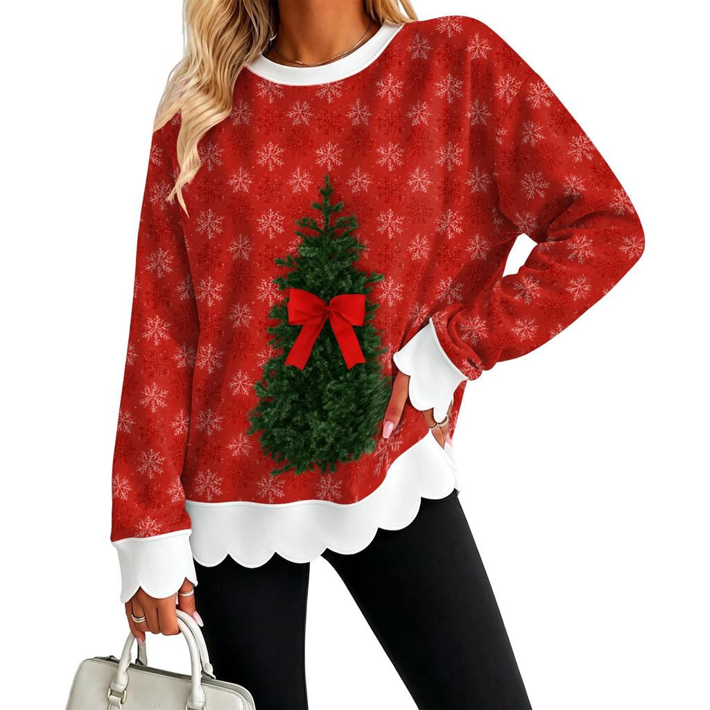 Women's Christmas Print Sweatshirt with Scalloped Wavy Hem and Neck for Holiday
