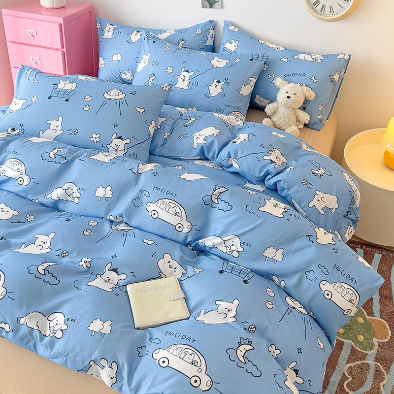 Small Fresh Mattress Quilt Cover Class A Maternal And Infant Grade Cartoon Dormitory Bed Sheet Three-Piece Set Super Soft Washed Cotton 4Pcs Set