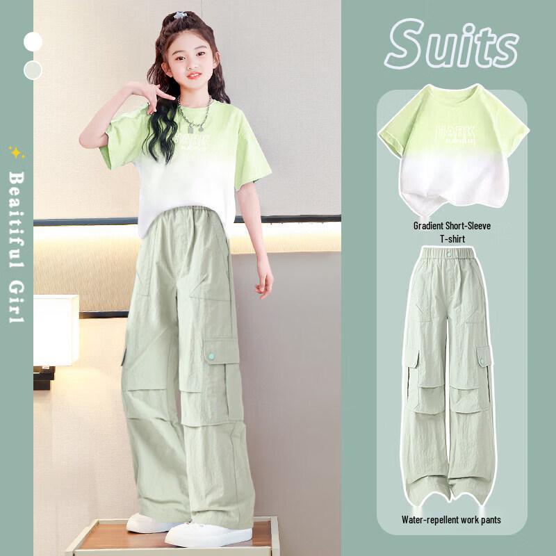 Moonkids Girl s 2026 Summer Short Sleeve Wide-Leg Pants Set 140 cm