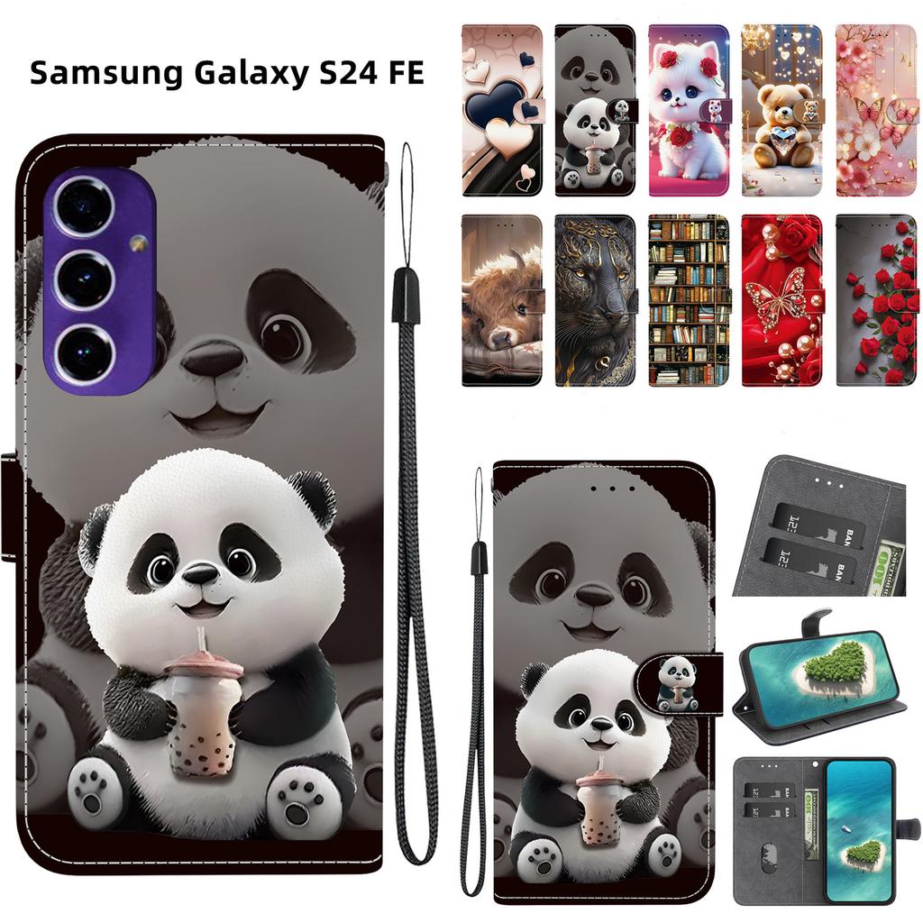 Handmade PU Leather Flip Case for Samsung Galaxy S24 FE (SM-S721B) Anti-Slip Shockproof Cover with Wrist Strap & Heart/Rose Cat Designs