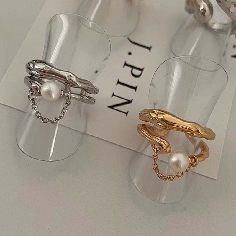 Fashion Zinc Alloy Color Pearl Chain Cuff Ring For Women Couples Simple Metal Double-Layer Adjustable Ring Bride Zircon Gifts