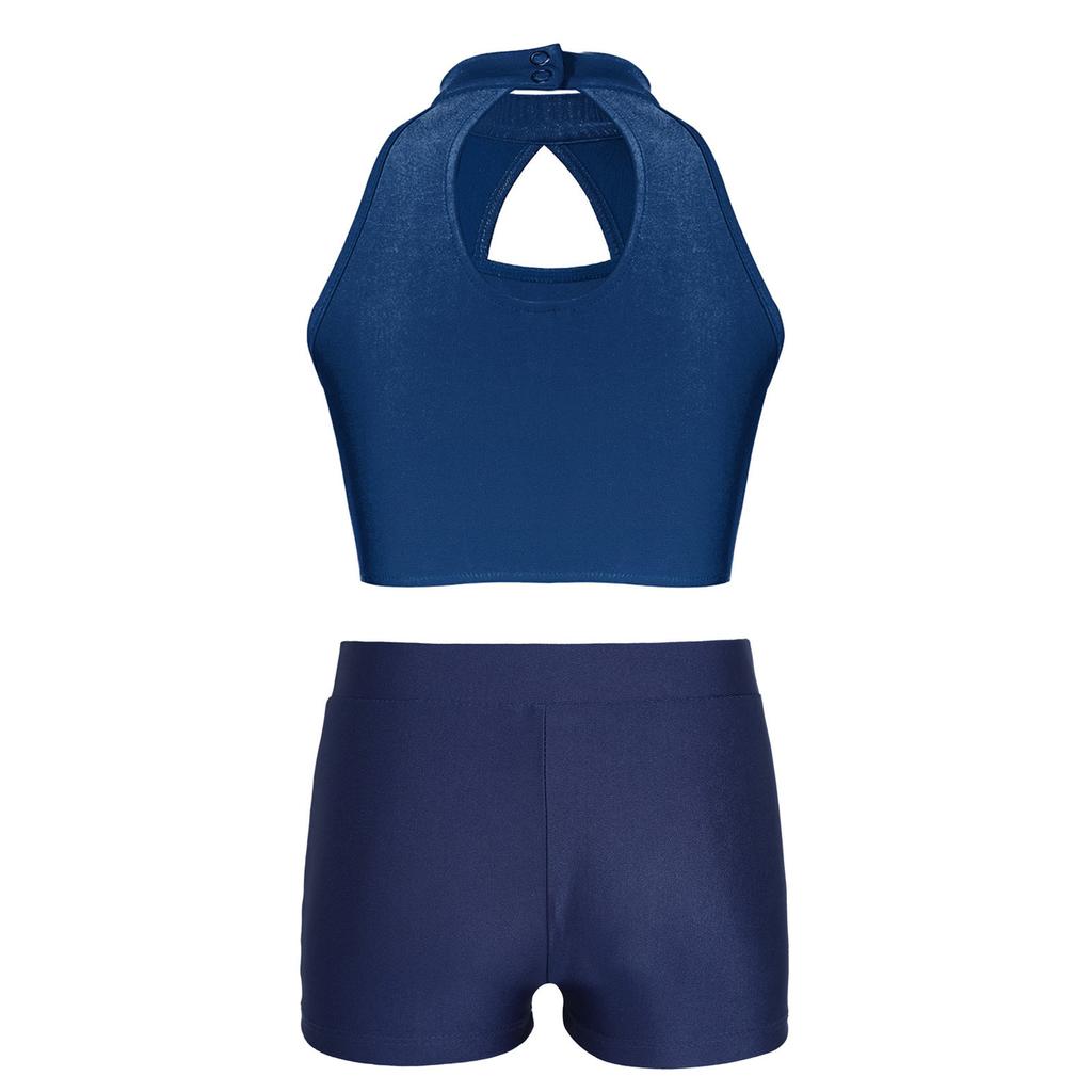 Girls Dance Performance Set Hollow Front Keyhole Back Sequin Patchwork Sleeveless Crop Top Shorts